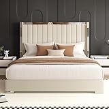 58' Tall Queen Size Platform Bed Frame with Velvet Wingback Headboard & Channel Tufting Design, Silver Metal Trim and Chrome-Plated Legs, No Box Spring Needed, Noise Free, Easy Assembly, Beige