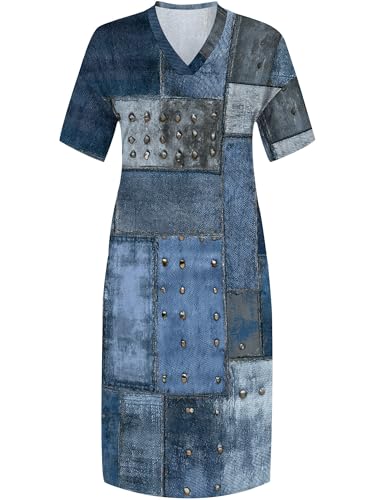 Image of SUZONANA Plus Size Denim Print Maxi Dresses for Women Casual V Neck Short Sleeve with Pockets Soft Jean Look Dress XL-6XL
