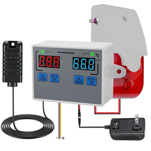 Hygrometer Thermometer Alarm, 12V High/Low Temperature and Humidity Monitor, 0~120dB Adjustable Audible/Visual Thermostat Controller with External Output Option for Room/Grow Tent/Farm/Cellar/Reptile