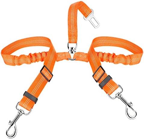 SlowTon Double Dog Seat Belt, Adjustable Elastic Dog Car Harness Seatbelt with Anti-Shock Bungee Buffer, Heavy Duty Reflective Puppy Cars Restraint Pet Safety Belts Clip for Travel Daily Use