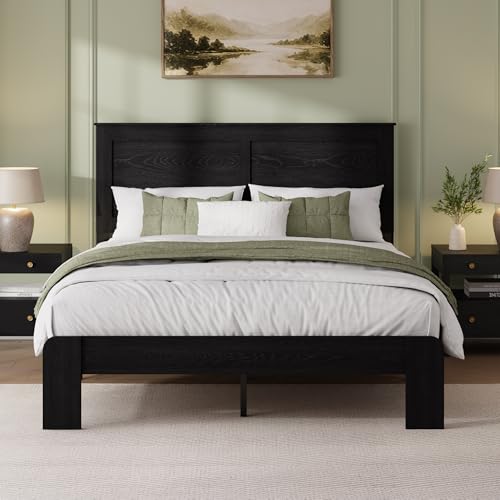 Image of Full Size Black Farmhouse Wood Bed Frame with Panel Headboard