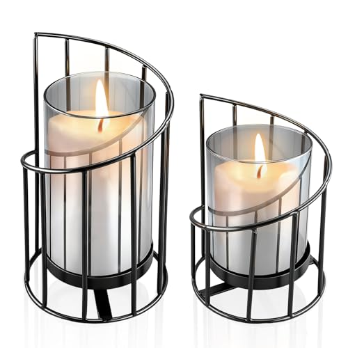 pangdapengpeng 2 Stück Windlicht Kerzenständer Schwarz Set, Metall Kerzenhalter mit Glaszylinder für Stumpenkerzen, Moderne Deko für Wohnzimmer, Tisch, Schlafzimmer & Garten (Schwarz)