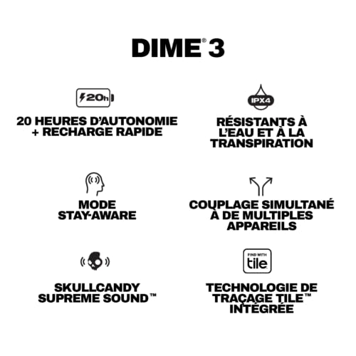 Skullcandy Dime 3 Écouteurs sans Fil, Casque Bluetooth, Conception Isolante du Bruit, Jusqu’à 20 Heures d’Autonomie, Transport Facile avec Étui à Clipser Partout - Noir