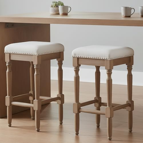 Butacos Altura Barra Set de 2 Butacos sin Espaldar de Madera con Detalle de Tachuelas, Altura 26", para Isla de Cocina/Patio/Balcón, Asiento en Tela Beige y Patas en Color Natural miniatura 3