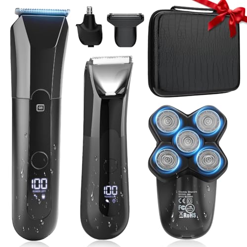 Beard Trimmer for Men Groin & Body Hair Trimmer, Nose & Ear Clipper Head Razors for Bald Men, 5 in 1 Waterproof Manscape Kit with Travel Case, LED Display, Grooming Kit Gift for Him