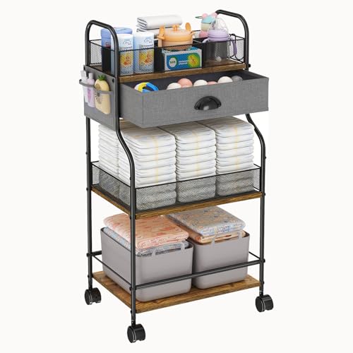 Image of 3-Tier Baby Diaper Caddy Cart Organizer with Drawer,Rolling Utility Cart & Bedside Nursery Essential Storage for Newborn Baby Stuff, 2+1 Divider, Baby Storage Organizer for Bedroom,Changing Table,Grib