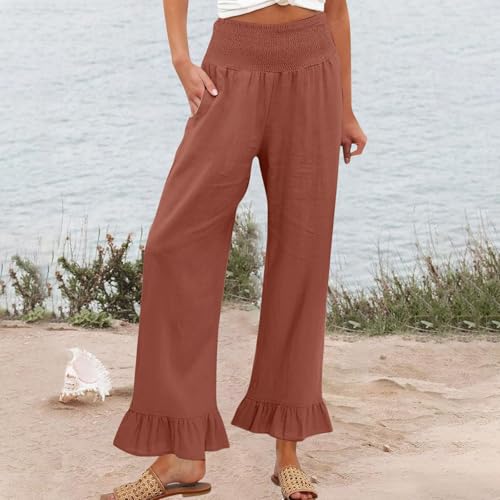 Image of Womens Linen Palazzo Pants Ruffle Hem Drawstring Boho Trousers Beach Travel Vacation Outfits
