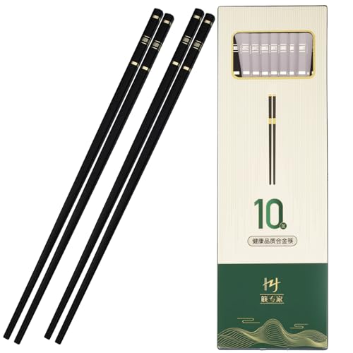 10 Pairs Reusable Chopsticks, 9.5-Inch Dishwasher Safe, Heat-Resistant, Non-Slip, Colorful Chinese Style Chopsticks with Unique Pattern Designs (Black)