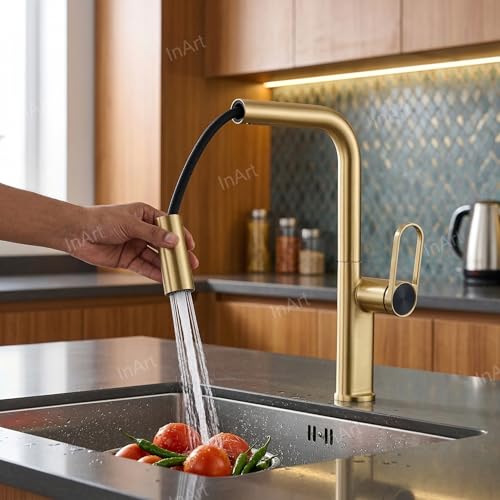 Image of INART Matt Gold Kitchen Faucet - Brass Pull Out Sink Mixer Tap with Dual Flow Sprayer, 360 Swivel Spout & Hot Cold Water Control