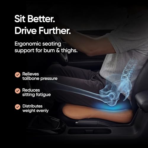 Image of Frido Premium Car Wedge Seat Cushion with Memory Foam Support and Coccyx Cutout, Luxe Leatherette Finish, Tailbone and Hip Pain Relief, Comfortable Support for Long Drives Travel and Daily Use | Tan