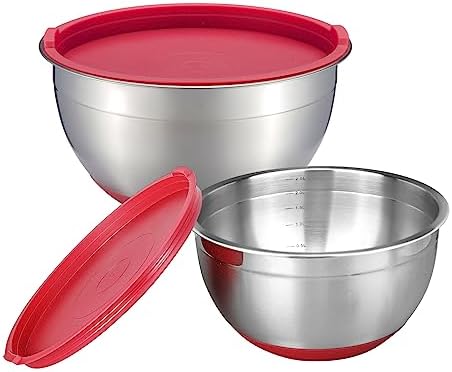 MARSKITOP Stainless Steel Mixing Bowls with Lids Set, Nesting Mixing Bowls with Airtight Lids, Measurement Marks and Red Non-Slip Bottoms, Great for Mixing and Serving, 3QT & 5QT - Thumbnail 2