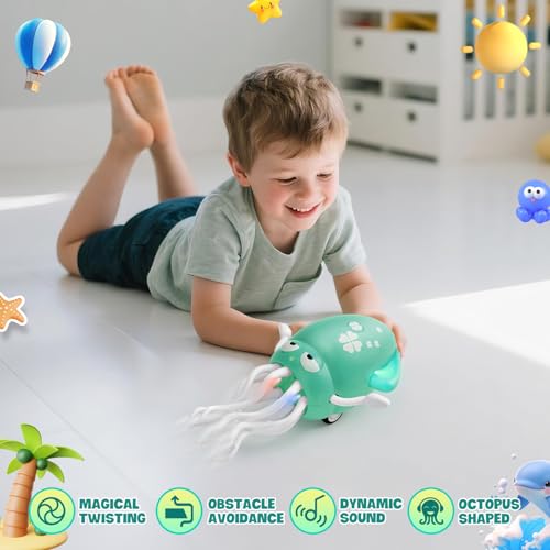LTFIOON Electric Dancing Octopus Toy, Tanzendes Oktopus-Spielzeug für Kinder mit LED & Musik, 2 Modi Aufrecht & Krabbelnd, Automatisches Ausweich-Oktopus-Spielzeug, Geschenk für Jungen Mädchen (Grün)