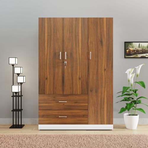 Image of VIKI Wardrobe | Wooden Almirah for Clothes,Door for Bedroom, 3 Door Wardrobe with Drawer & Hanging Space (White & Walnut - 40D x 120W x 180H) | 1 Year Warranty | Free Assembly