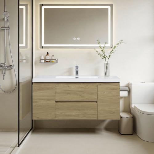 VUMALL Floating Vanity Bathroom, 48 Inch Bathroom Vanity with Sink, Wall Mounted Single Sink Bathroom Vanity, Soft Closed 2 Drawers, Integrated Sink (Natural Oak)