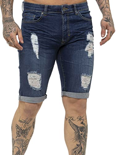 989Zé ENZO Short en Jean Stretch Slim fit pour Homme, Jean troué, Pantalon à Trous cassés avec Fermeture éclair EZS383 Bleu 38