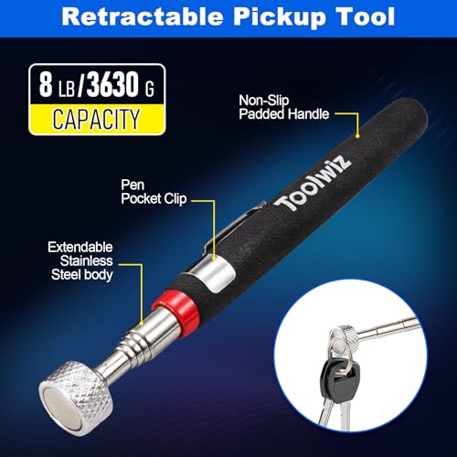Toolwiz 4-teiliges magnetisches Aufhebewerkzeug-Set – Ausziehbare Greifzange mit flexibler Klaue, 8LB Magnet für schwer erreichbare Gegenstände, biegsamer Feder-Magnetstab, Autoreparatur, Werkstatt