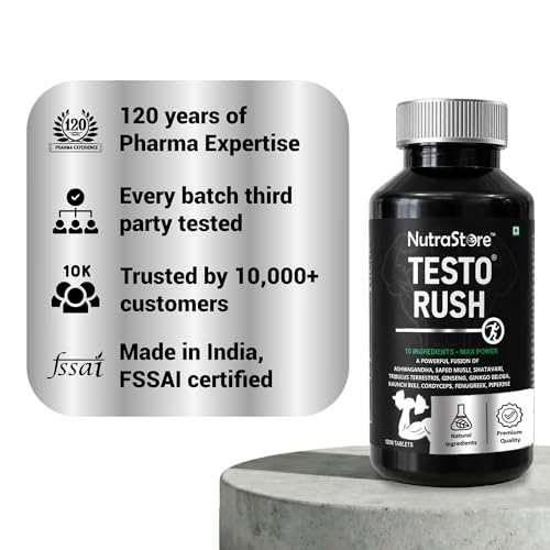 Image of NutraStore TestoRush | Testosterone Supplement for Men | Blend of 10 Powerful Herbs Including Ashwagandha, Safed Musli, Ginseng, Tribulus & Cordyceps | Energy Booster & Stamina Booster for Men | Daily Health Supplement | 120 tablets