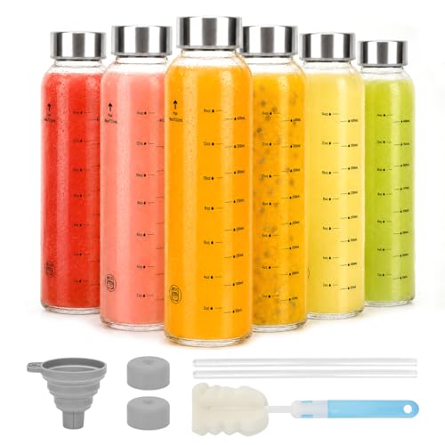 Image of Luxfuel Clear Glass Bottles with Lids, 18oz Glass Water Bottles for Juicing | Measurement Markings, 100% Leak Proof Stainless Steel Lid, Reusable for Smoothie, Refrigerator and Dishwasher Safe, Set of 6