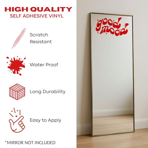 Image of Sticker for Glass & Mirrors| Minimal Vinyl Decal for Bedroom Bathroom & Cafe | Self-Adhesive Waterproof Quote Mirror Sticker | Aesthetic Decals (Good Mood, Large, Transparent Red)