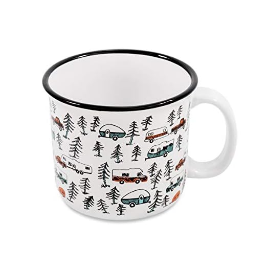 Camco Life is Better at the Campsite Ceramic Mug | Microwave and Dishwasher Safe | White Background with Sketched RVs Design | 14oz. (53383)