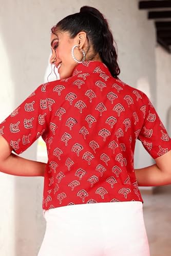 Image of POPWINGS Ethnic Printed Cotton Half Sleeves Regular Fit Crop Shirts for Women Stylish Western Casual Wear