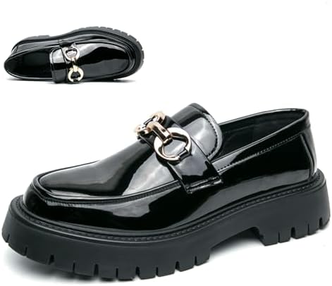 Men's Patent Leather Chunky Platform Penny Loafers with Metal Decoration Slip-On Lug Sole Dress Business Work Shoes Daily Non-Slip Shock Absorbing Casual Shoes