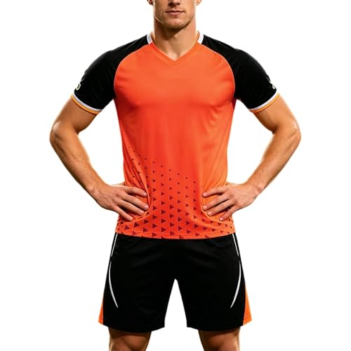 Men's Tracksuit Football Jersey V Neck Short Sleeve and Shorts Set 2 Piece Lightweight Breathable for Match Competition Training Football Field Jogging Set Breathable Summer Casual, Orange, 4XL