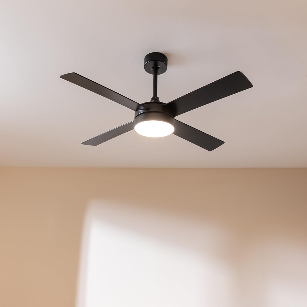 Cecotec Ventilador de Techo con Mando a Distancia, Temporizador y Luz LED Ventilador de techo EnergySilence Aero 5200 Line. 60 W, Motor de Cobre, 52", 4 Aspas, 3 Velocidades, Función Invierno (Negro)