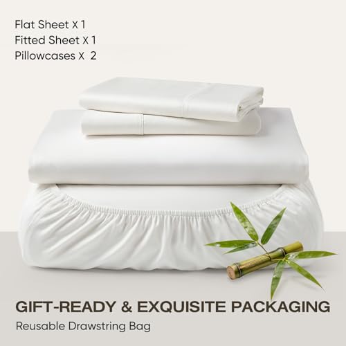 Image of Real 100% Viscose Derived from Bamboo Sheets Set Queen Size, Cooling & Silky Soft for Hot Sleeper, Luxury with Breathable & Moisture Wicking Fabric, 18 inch Deep Pocket with Corner Straps (White,Queen)