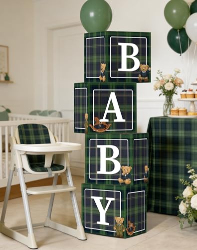 READIGO 4PCS Green Plaid Teddy Bear Baby Shower Boxes, Vintage Preppy Teddy Bear Party Boxes for Birthday, Baby Shower, Gender Reveal Party Decoration