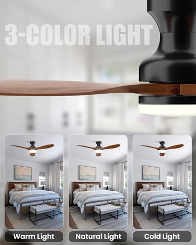 Leah-52-Solid-Wood-Ceiling-Fan-with-Light-Remote-Control-Flush-Mount-3-Blades-6-speed-Ceiling-Fan-Fixture-Low-Profile-for-Kitchen-Bedroom-Living-Room-Indoor-Walnut-Wood-Color-Black
