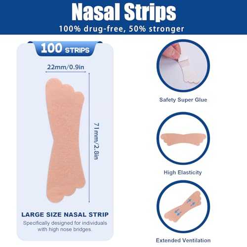 100pcs nasal strips for snoring extra strength nose strips breathing nose tape for sports and sleep anti snoring strips help stop snoring and nasal congestion relief