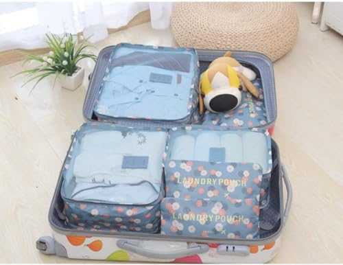 Image of Travel Organizer Pouch Set of 6, Space Saver Packing Cubes for Suitcase, Clothes, Underwear, Socks and Shoes (BLUE FLOWER)