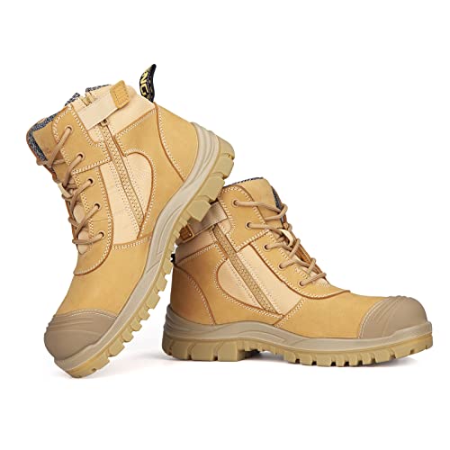 Men's Work Boots, Nubuck Leather Steel Toes Work Shoes, YKK Zipper, 6 Inch, SD, Anti-Puncture (AT501, Wheat)3