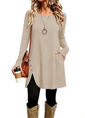 Fall Tops Women Long Sleeve Side Split Casual Loose Tunic