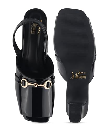 Image of JM LOOKS Sophisticated Patent Finish Block Heel Sandals with Elegant Metallic Horsebit Detail and Secure Slingback Strap