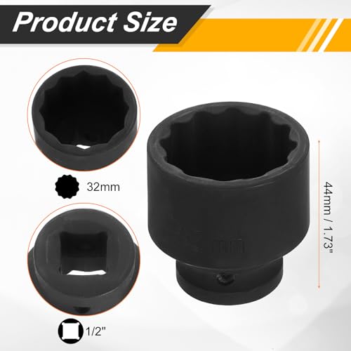 Image of HARFINGTON 1 /2 inch Drive x 32mm Shallow Impact Socket 12-Point Metric CR-V Steel Spindle Nut Impact Flip Sleeve for Home Auto Nuts Bolts Repair