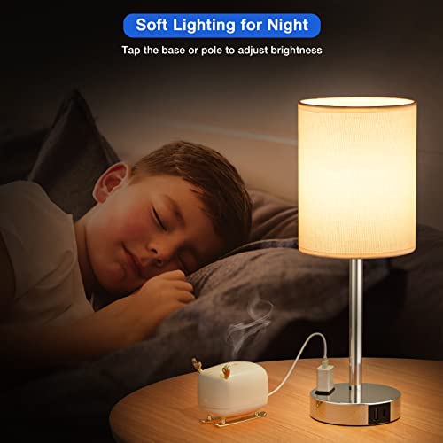 Touch Lamps For Bedrooms Set Of 2 White - 3 Way Dimmable Bedside Lamp With Usb C And A Ports And Outlets, Modern Nightstand Lamp With Linen Shade And Silver Base, Small Table Lamps For Kids Nursery #TOP5
