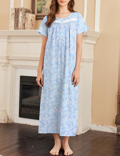 Image of Ekouaer Nightgown for Women Cotton Long Night Gown Short Sleeve Nightdress with Pockets Button Sleepshirt Soft Sleepwear