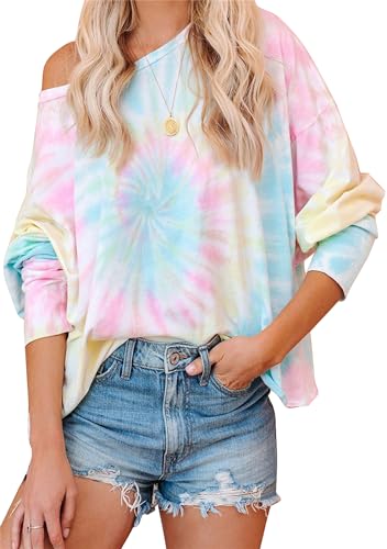 OMZIN Femmes Manches Longues épaules Dénudées Pull Tie Dye Sweat Col Rond Haut Ample Haut Tunique Hauts Dégradé Arc-en-Ciel T-Shirts Rose/Jaune S