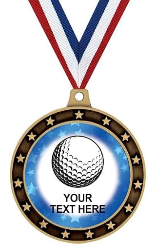 Golf Ball Custom Text Medals 10 Pack – Golf Blue Star Personalized Value Pack of 10 Gold Medal Awards