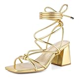 Shoe'N Tale Lace Up Heels for Women Ankle Strappy Gladiator High Heeled Sandals Chunky Block Heel Square Open Toe Criss Cross Dress Shoes(9,Gold)
