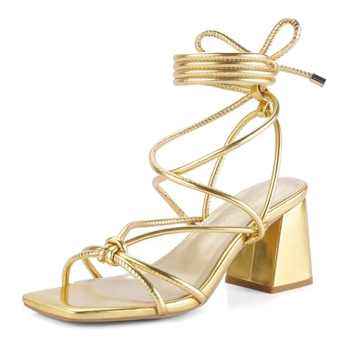 Shoe'N Tale Lace Up Heels for Women Ankle Strappy Gladiator High Heeled Sandals Chunky Block Heel Square Open Toe Criss Cross Dress Shoes