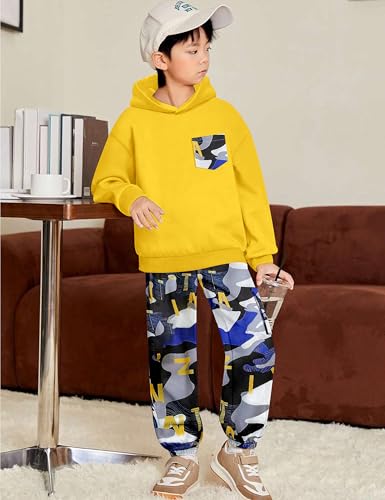 Image of KANGKANG Boys Clothes Two Piece Long Sleeve Hooded Sweatshirt Top Camouflage Sweatpants Fall Outfits Winter Clothes Set 6-16Y