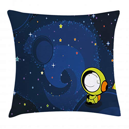 Lunarable Outer Space Throw Pillow Cushion Cover, Astronaut Looking Curiously Dark Blue Space Cartoon Image with Fun Stars, Decorative Square Accent Pillow Case, 36