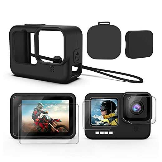 Accessories Kit for GoPro Hero 10/9 Black, Silicone Sleeve Protective Case with Rubber Cap + 6Pcs Tempered Glass Screen Protector with Lens Cover Cap for GoPro Hero 10/9
