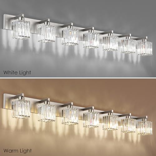 Image of Aipsun Brushed Nickel Bathroom Light Fixtures Crystal Vanity Lighting Fixture Modern Bathroom Vanity Light 7 Light (Exclude Bulb)