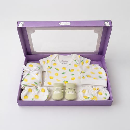 Image of MOM'S HOME Organic Cotton Baby Essentials Gift Set | Baby Shower Gift Hamper | Baby Clothing Gift Combo | Lemon | Pack of 7