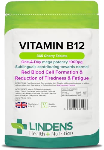 Lindens Vitamin B12 1000mcg Sublingual Tablets | 365 Pack | Contributing Towards Red Blood Cell Formation Reduction of Tiredness & Fatigue
