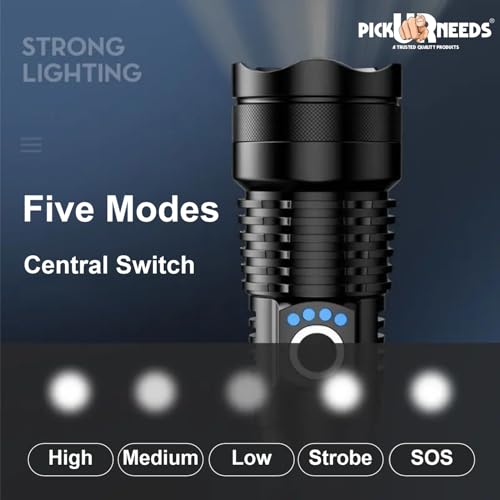 Image of Pick Ur Needs 100w High Power Rechargeable LED Flashlight Torch Zoomable Focus 5 Lighting Modes Type-C Fast Charging Long-Range Torch for Outdoor, Camping & Emergency (Black)